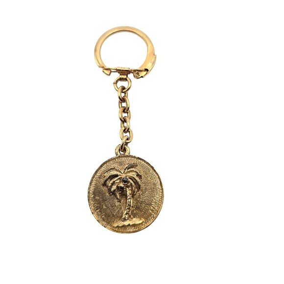 Gold-Toned Round Coin Embossed Palm Tree Chain Clip On Keychain Accessory Holder - Picture 1 of 7